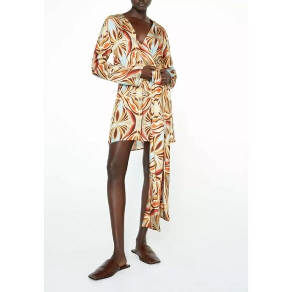 Zara Dresses & Skirts - Zara Satin Mini Dress Womens S Long Sleeve Boho Chic Print V-Neck Party Festival